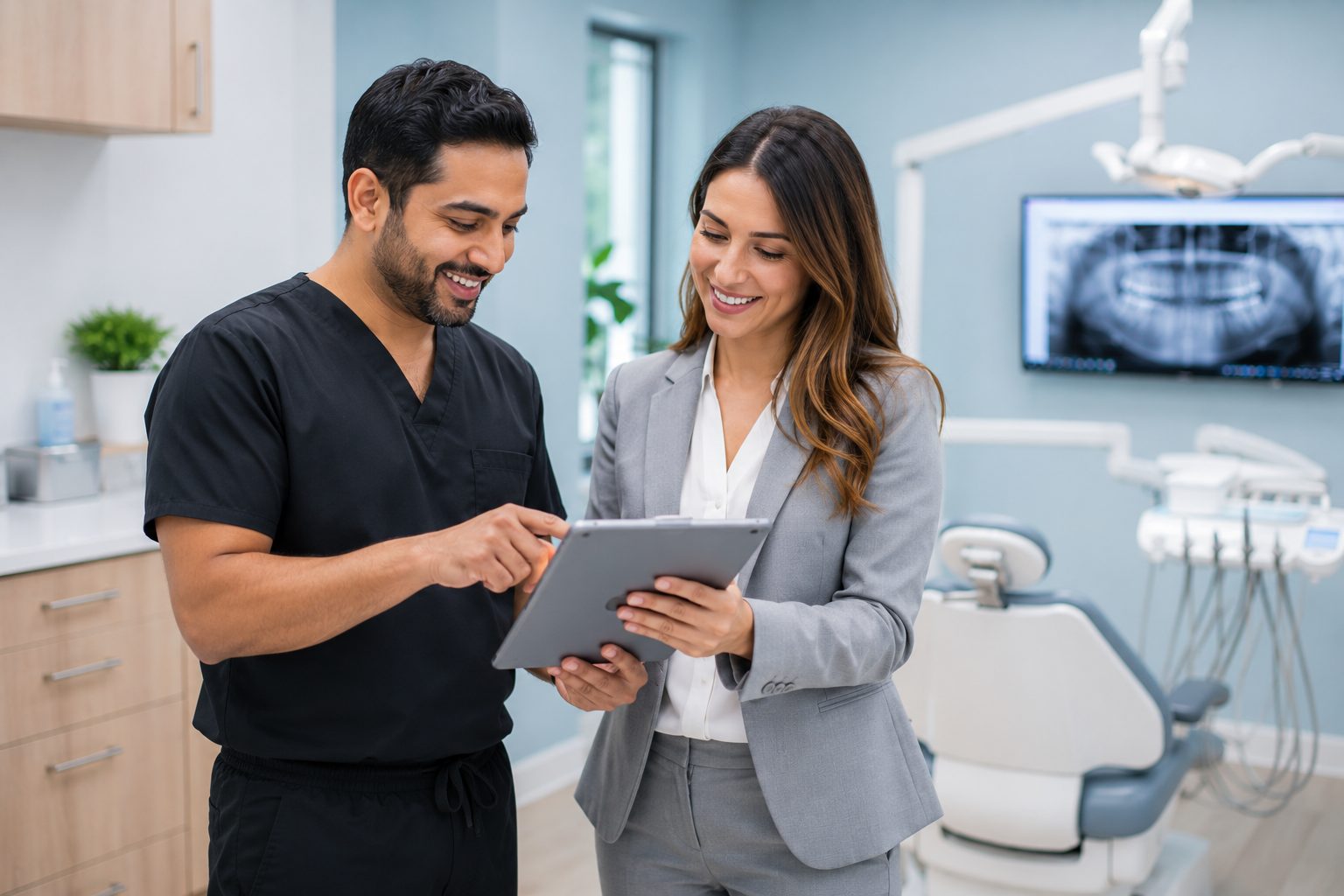 A practice administrator and a physician reviewing a case together.